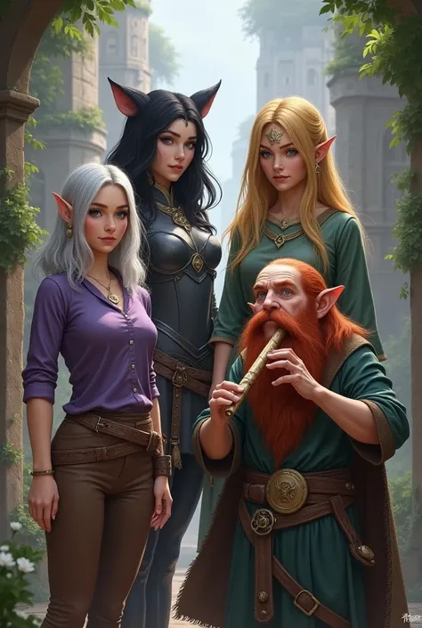 Dans un univers médiéval fantasy.
Quatre personnages. La première est une femme elfe aux cheveux mi-longs argentés blanc vetue dune chemise violette et dun pantalon brun. La deuxième est une femme dont les oreilles sont des oreilles de chat noires, des che...