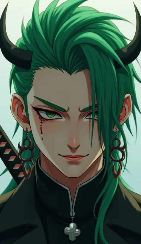  A 32-year-old green-haired man wears elongated pendant earrings hung by a small circle that slides through the piercing hole, forms a full circle around the earlobe . there is a scar on the left and unopened peers eye holding a katana .