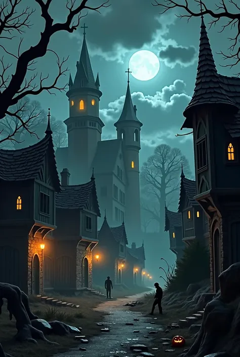 An image of a ghoulish village on a dark night