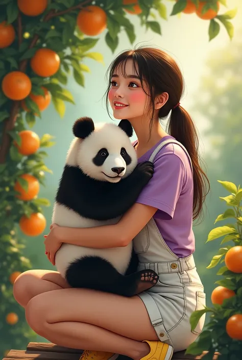  Slightly fat 25-year-old beautiful Asian woman with long straight brown hair tied backwards blown by the wind,ornate black eyeliner .wearing a purple pink t-shirt  , white denim overalls shorts ,  wearing yellow Nike shoes ,Sitting while holding a panda u...