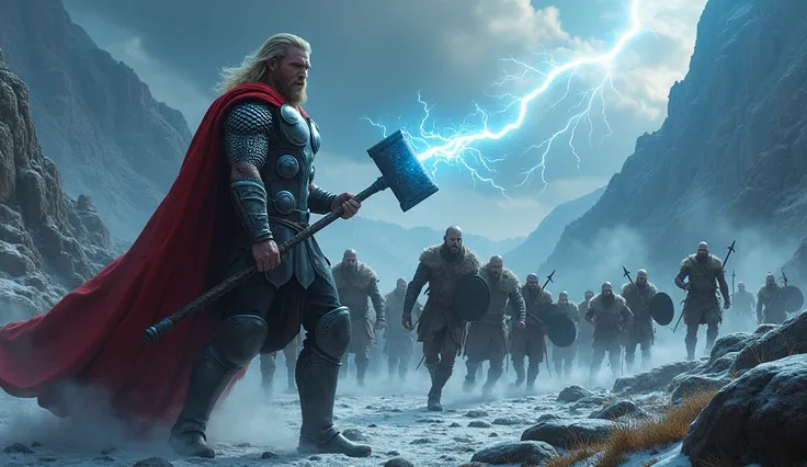 The image depicts Thor ,  the god of thunder ,  on an epic battlefield set in a Norse setting .  He is on the front line ,  firmly holding his legendary hammer , Mjolnir,  that seems to radiate electrical energy . His posture is powerful and imposing,  rep...