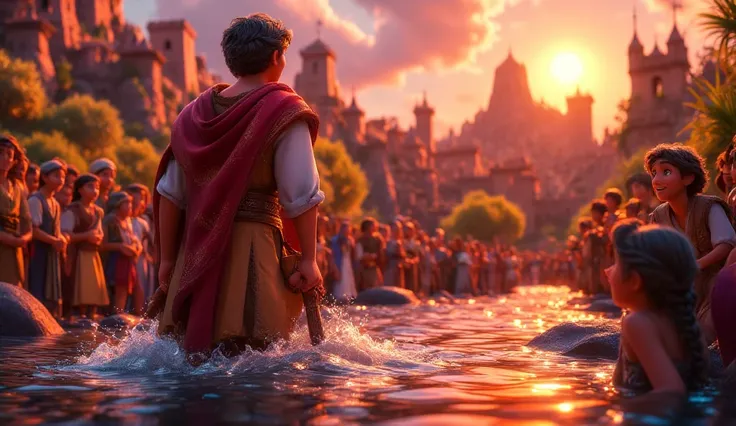 Cinematic Realistic, 4K, Disney Pixar Style, Cartoon:  Joshua leads the Israelites ,  who cross the Jordan River , with the water dividing around you . The people are confident ,  with faces of victory and gratitude . In the background, The walls of Jerich...