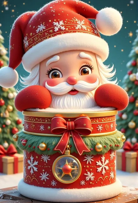 a santa claus in a gift box, detailed facial features, beautiful detailed eyes, beautiful detailed lips, extremely detailed face, realistic, photorealistic, HDR, 8K, high quality, masterpiece, cinematic lighting, warm color tones, festive, whimsical, cozy,...