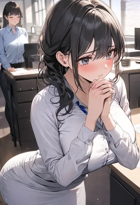 (( top quality)), (( Masterpiece )), ( Details), ( 1 girl),  sexy,   Bust 9 ０CM OL ,  young woman, Looking up, ((( woman standing in office ))) , ( A woman in casual office lady fashion),  with black hair and big breasts put their hands together and pray w...