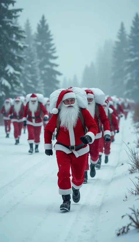 (  Masterpiece :1.2),  top quality, Santa Claus triathlon , A lot of Santa Clauses starting all at once in a cold snowy mountain , A lot of Santa Clauses starting all at once, Carrying a large white bag containing a large amount of presents on their should...