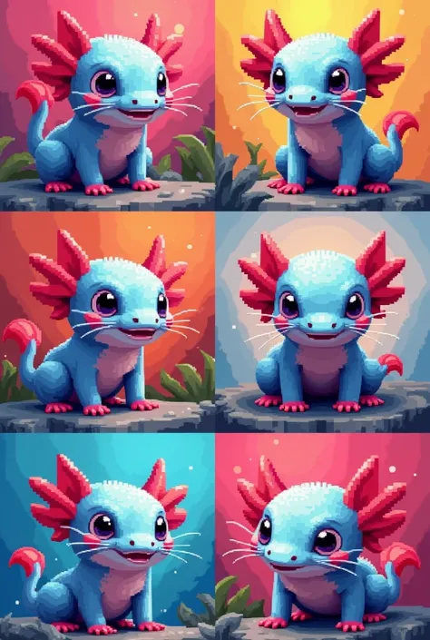  CREATE an art with a background in different colors ,  I want a PIXAL ART HARDBOARD AXOLOT with {{  6 squares with different poses  }}Of the axolotl  , TO SELL AS NFT 
