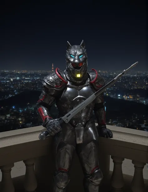 ８k　 high image quality　Overlooking an abandoned city at night 　 warrior wearing contemporary silver body armor with red line edging　Warriors with light goggles on their eyes 　 mask and helmet depicting a wolfs head 　 is holding a weapon　solo