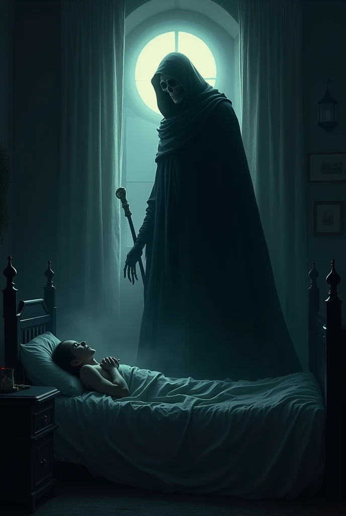 Grim reaper silhouette standing over dying person’s bed.