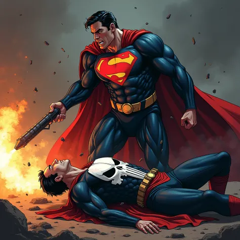 Angry Marvel Punisher hunting and killing a  Weakened and feared Superman, superman is destroyed and laying in the floor, Punisher is point a atomic krypitonite six barrol rocket laucher in superman chest, supermar is opened mouth as tired feared and destr...