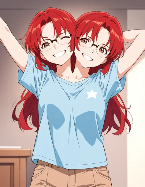 anime girl with two heads, red hair, brown eyes, glasses, winking, blue shirt, brown pants, grinning, arms stretched up, hands behind heads