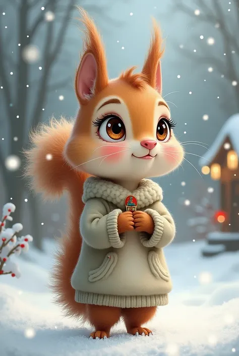 Cute girl resembling a squirrel looking at snow at Christmas