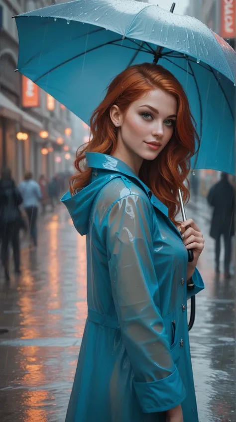 Gorgeous slender redhead model, posing on a busy city street in the rain. She is wearing a blue raincoat and holding an umbrella. 