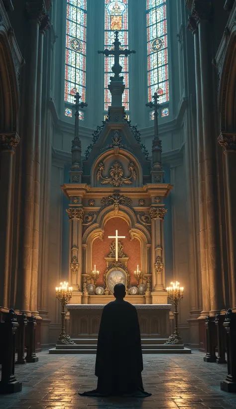 Do a person kneeling in front of a church altar