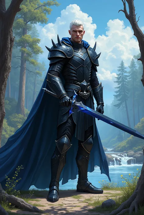 In RPG style, in style of Dungeons & Dragons, in style of fantasy painting. Full body view, looking at the viewer. image of a  male warrior, holding a black sword with blue edge. Short white hair. Black metal Sauron style armor, The armor features angular,...