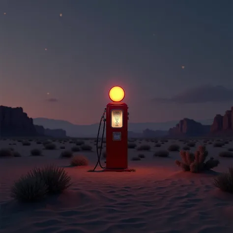 a single retro red gas pump, classic gas station design, centered in the composition, standing straight and facing forward. The gas pump is surrounded by a desert landscape with sand dunes, cacti, and distant cliffs. The sky is deepening into twilight, wit...