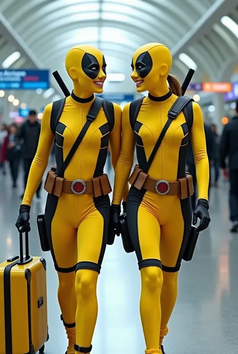 2 teens 18 years old male and female,  wearing a light yellow deadpool costume,Not wearing a mask , show expressions of both faces smiling, walking together ,airport room background ,man walking ,realistic image,HD quality,remote camera 