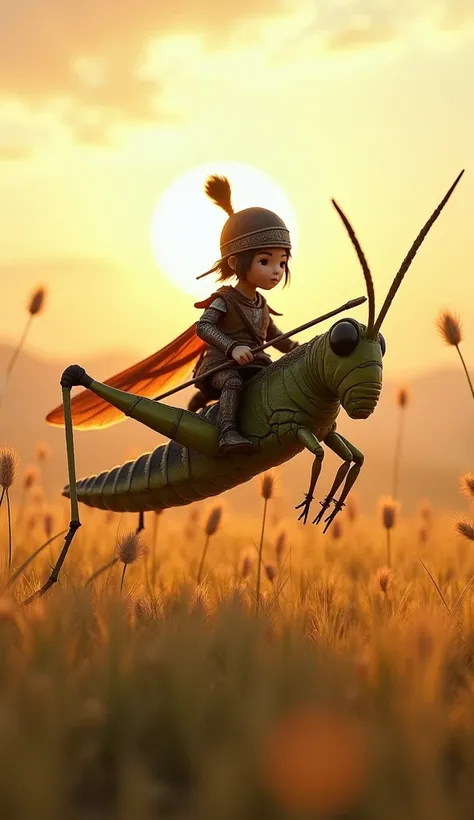 (photorealism:1.2), ### Highly Detailed Prompt:

A breathtaking depiction of a tiny Mongol warrior on the back of a grasshopper, leaping through a vast, windswept grassland, with the warrior holding a small recurve bow. This is a hyper-realistic inspired i...