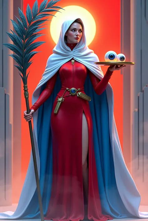 E-sport style image of Saint Lucy, wearing a modern red tunic and a blue cloak with a sleek, high-tech design, inspired by gaming uniforms. The white veil on her head is simplified for a more futuristic look. In her left hand, she holds a large palm branch...