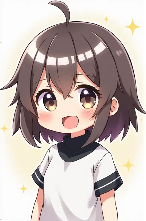  Masterpiece,  anime style ,Chibi,  illustrated logo ,  medium-short shot, Emote for twich , Of a girl with freckles  ,  hair with white highlights not all over her head ,  black turtleneck blouse ,  white t-shirt  
