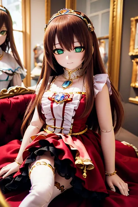 (SFW:2), photorealistic, realistic photo, 8k, Canon EOS, ((highest quality)), ((masterpiece)), (extremely detailed), dd, doll, idol dress, (mature woman, 23yo, 23_years_old, solo, museum:1.6), (reclining on sofa, tiara, brown hair, long hair, idol dress, t...