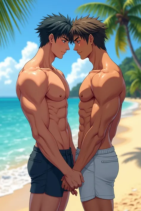 Two naked anime guys at the beach