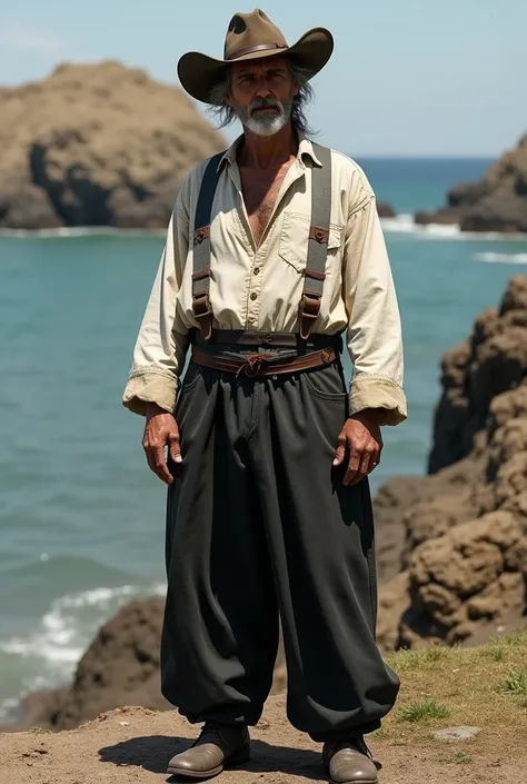 Attire from the Argentine coast.
 Attire Description . Main garment Black gaucho bombacha.  To give a more worn and older look ,  you can choose a panties with patches or small tears .
shirt: shirt blanca grande de algodón , long sleeve.  Like the bombacha...