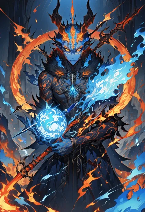 a demon king with a straight line on his head of fire horns, in his arms he has flaming blades, he carries a blue fire staff, he has tattoos on his arms, a thin physique and fiery eyes and around him a sphere of light blue fire, high definition 8k