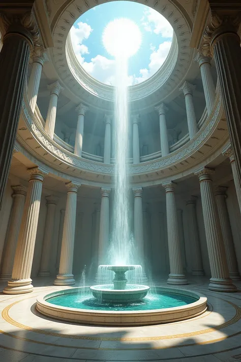 The internal space of the building is large round with a fountain inside is perfect