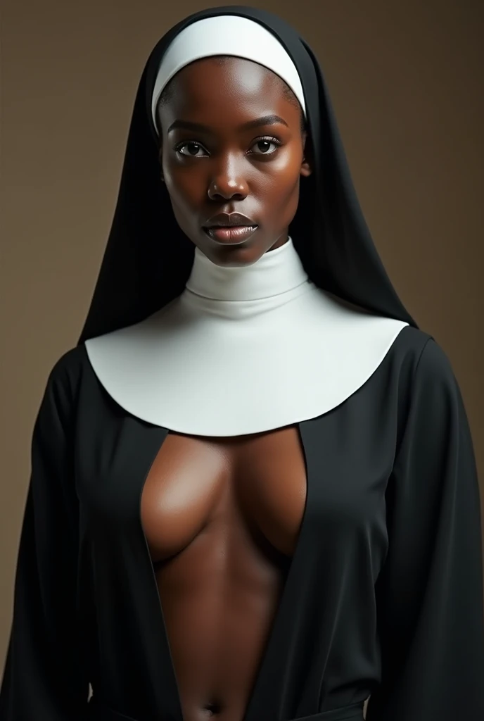 A black woman in a nun outfit with tits and nipples exposed.