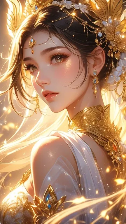 An extreme close-up portrait of a beautiful Thai woman, her skin illuminated by a soft, bright white light that casts pure, clean reflections. The fine gold textures in her clothing stand out against the white tone, creating a striking contrast. From the s...