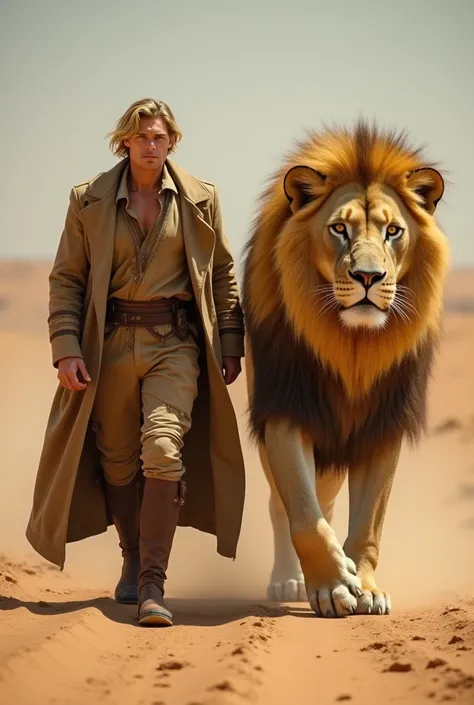  A blond man is walking with A gallant male lion is walking forward with a sharp and confident gaze.  The lion has a natural-looking golden mane and detail , with a clear fur texture . Arid desert background ,  so the lion is the main focus against a dry d...