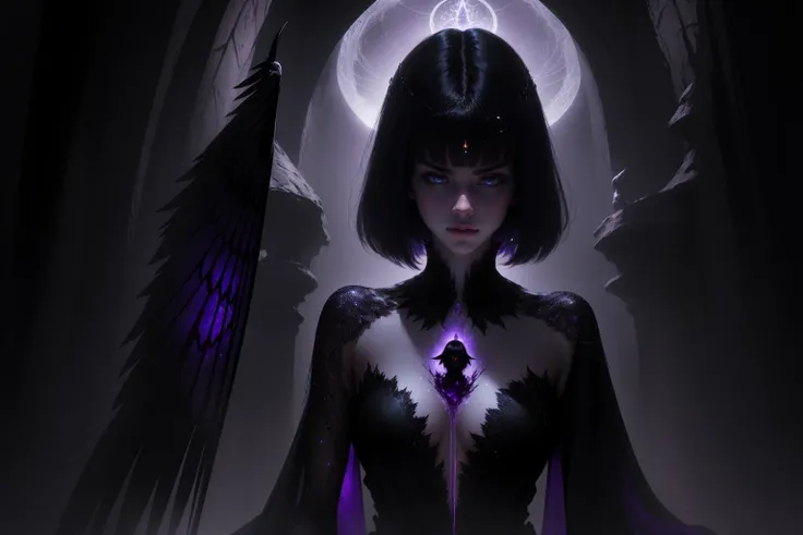 she has short hair, flowing raven-black hair (bangs) and pale, almost ethereal skin. Her eyes are a deep violet, giving her an otherworldly appearance. She dresses in flowing robes of dark purple and black, often adorned with symbols of the occult.