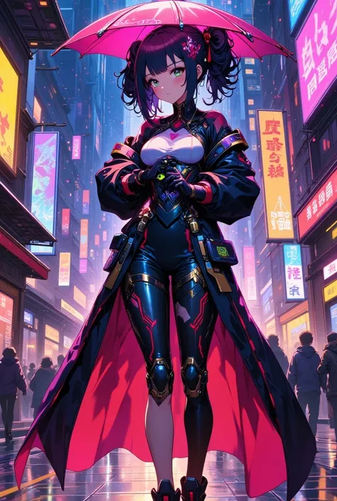 （ are of the best quality）、（masterpiece）、illustration、Cartoon，一个中国女孩穿着 cyberpunk服装、（umbrella）、（ cyberpunk，Chinese clothing）、Hair accessories、vibrant colors、Dynamic Lighting、neon、Shining city skyline、Holographic projection、 THE FUTURE OF FASHION FOOTWEAR  、...