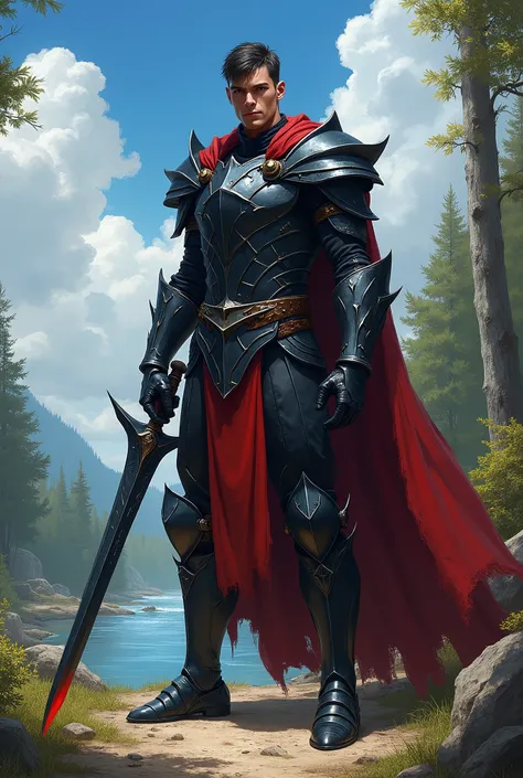 In RPG style, in style of Dungeons & Dragons, in style of fantasy painting. Full body view, looking at the viewer. image of a male warrior, holding a black sword with red edge. Short hair. Black metal Sauron style armor, The armor features angular, sharp d...