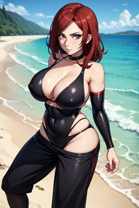 Create the black widow in a bathing suit showing her culottes