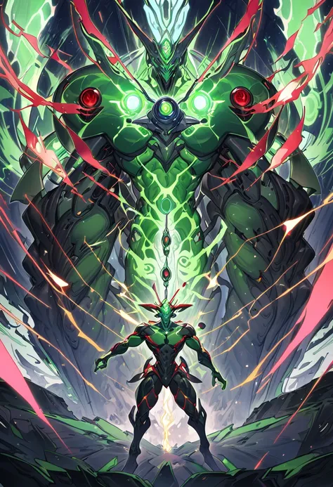 a tall humanoid being with long arms, a pointy head, green skin and red eyes and around him there are spheres of electricity, strong physique, high definition 8k