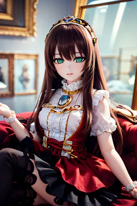 (SFW:2), photorealistic, realistic photo, 8k, Canon EOS, ((highest quality)), ((masterpiece)), (extremely detailed), dd, doll, idol dress, (mature woman, 23yo, 23_years_old, solo, museum:1.6), (reclining on sofa, tiara, brown hair, long hair, idol dress, t...