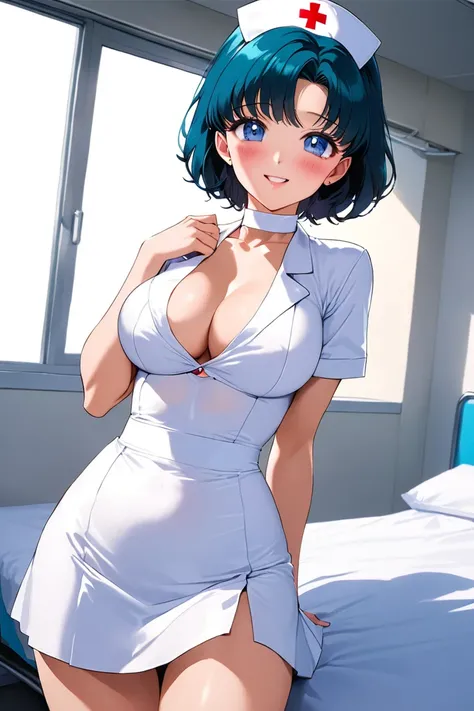 masterpiece, Best Quality, High resolution,16k,official art,super detailed skin,detailed,animated painting,(ami mizuno),1990s (style),(E-cup beautiful breasts)、 (tall:1.2),height: 175cm,Fashion model body type、clevage, Sexy long legs,(white nurse costume,w...