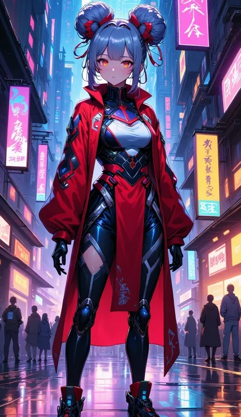 （ are of the best quality）、（masterpiece）、illustration、Cartoon，一个中国女孩穿着 cyberpunk服装、（umbrella）、（ cyberpunk，Chinese clothing）、Hair accessories、vibrant colors、Dynamic Lighting、neon、Shining city skyline、Holographic projection、 THE FUTURE OF FASHION FOOTWEAR  、...