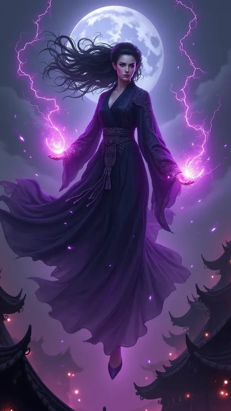 
“The evil sorceress is a vision of dark, celestial power, exuding an overwhelming aura of chaos and destruction. Clad in flowing black and violet robes adorned with intricate patterns, she radiates an ethereal glow of crackling purple energy. Her dark hai...