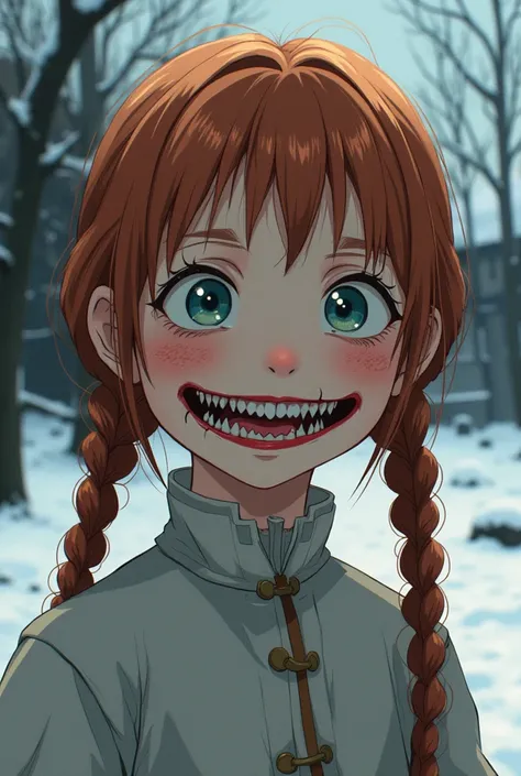 A  old girl with light reddish brown hair, pale skin, red cheeks and freckles, wearing medieval clothes in the snow, with a psychopathic smile, anime style