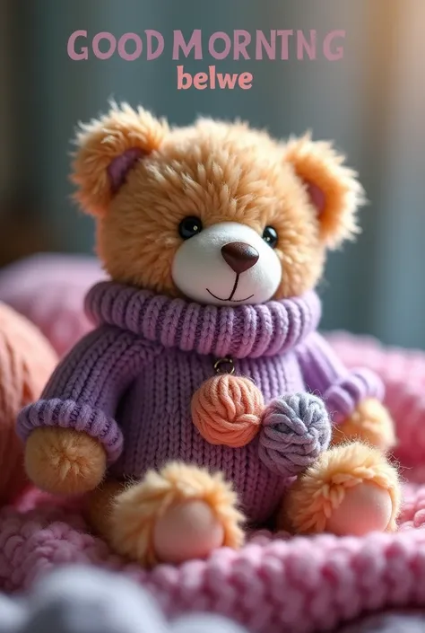 Baby teddy bear, cool weather, morning blessing, knitting work, knitting sweater, knitting kits, colorful wool balls, “GOOD MORNING” word in dark Purple in “belwe” font style large size on top, blurry all sides, romantic style 