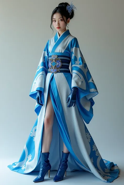 Japanese princess woman wearing latex gloves and long socks and blue and white latex kimono high-heeled boots