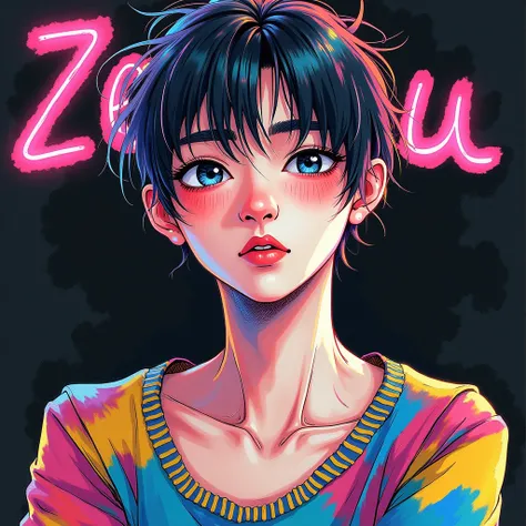 Drawing by Takashi Murakami and Peter s scribble drawing of  korean style  boy 28 years old, handsome , messy, water color , neon , on black construction paper,  good, half body drawing, unfinished, 4K, octane render name zetsu written on background neon