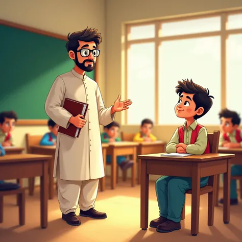 

---

A bright and cheerful classroom in a rural Pakistani school, illustrated in a colorful cartoon style. The room has simple wooden desks and chairs, with sunlight streaming through open windows. The focus is on a middle-aged male teacher, wearing trad...