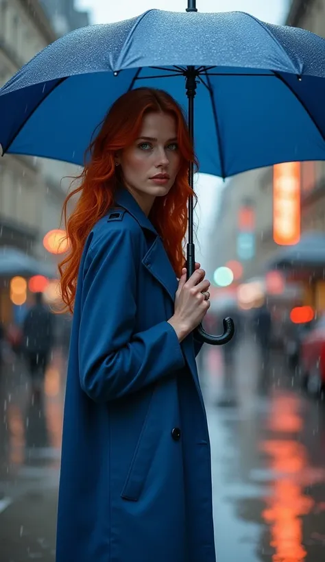 Gorgeous slender redhead model, posing on a busy city street in the rain. She is wearing a blue raincoat and holding an umbrella. 