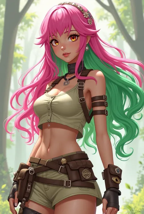 A woman named Mitsuri has pink hair and green tips and is wearing a female hunters outfit