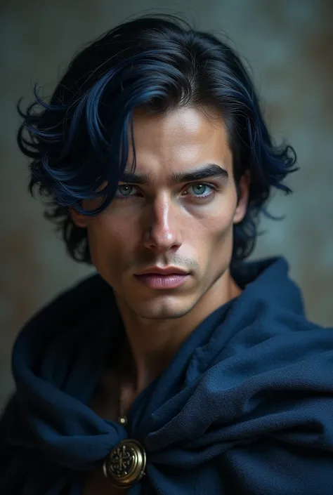 An imposingly looking young man with a muscular body wearing medieval clothing in dark tones capes ,  pale skin hazy indigo hair medium length wavy well-groomed framing his features based on the features on his face of a fine young Greek god with heavenly ...