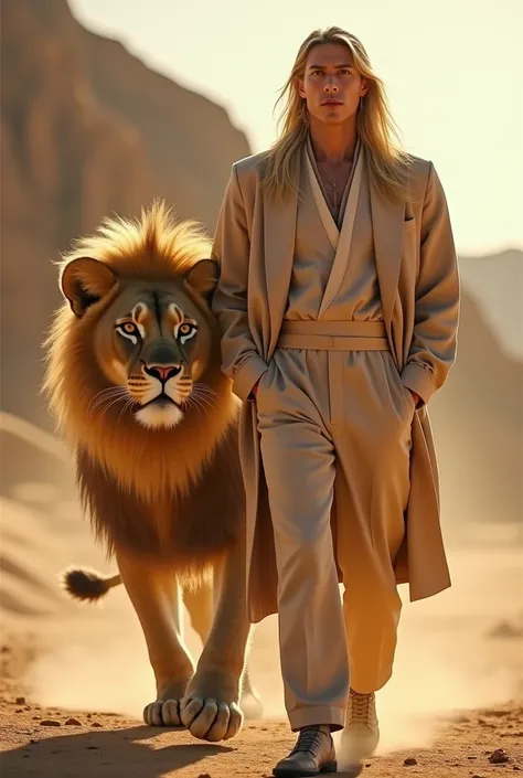 A blond long-haired man in a sexy Korean style opa dress is walking with A dashing male lion is walking forward with a sharp and confident look.  The lion has a natural-looking golden mane and detail , with a clear fur texture . Arid desert background ,  s...