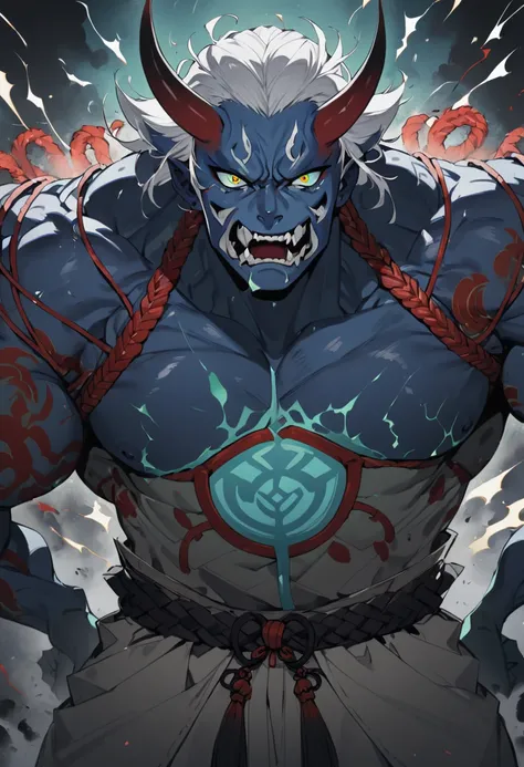 a demon oni from Japanese culture, long white hair, strong body, blue skin, green eyes with black pupils, a look of hate, several sparks around his body, his clothing is traditional Japanese pants in dark blue and yellow, high definition 8k